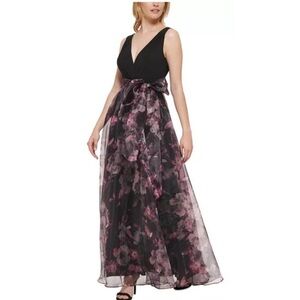 Eliza J Black-Tie Organza Gown with Floral Skirt and Bow Accent.